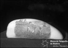 Dente de cachalote com a representação de uma embarcação a remos numa linha costeira, em local não identificado, gravação de Manuel Cunha