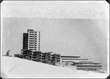 Desenho dos edifícios da policlínica, serviços administrativos e habitacionais da Caixa de Previdência do Funchal, Freguesia de Santa Luzia, Concelho do Funchal
